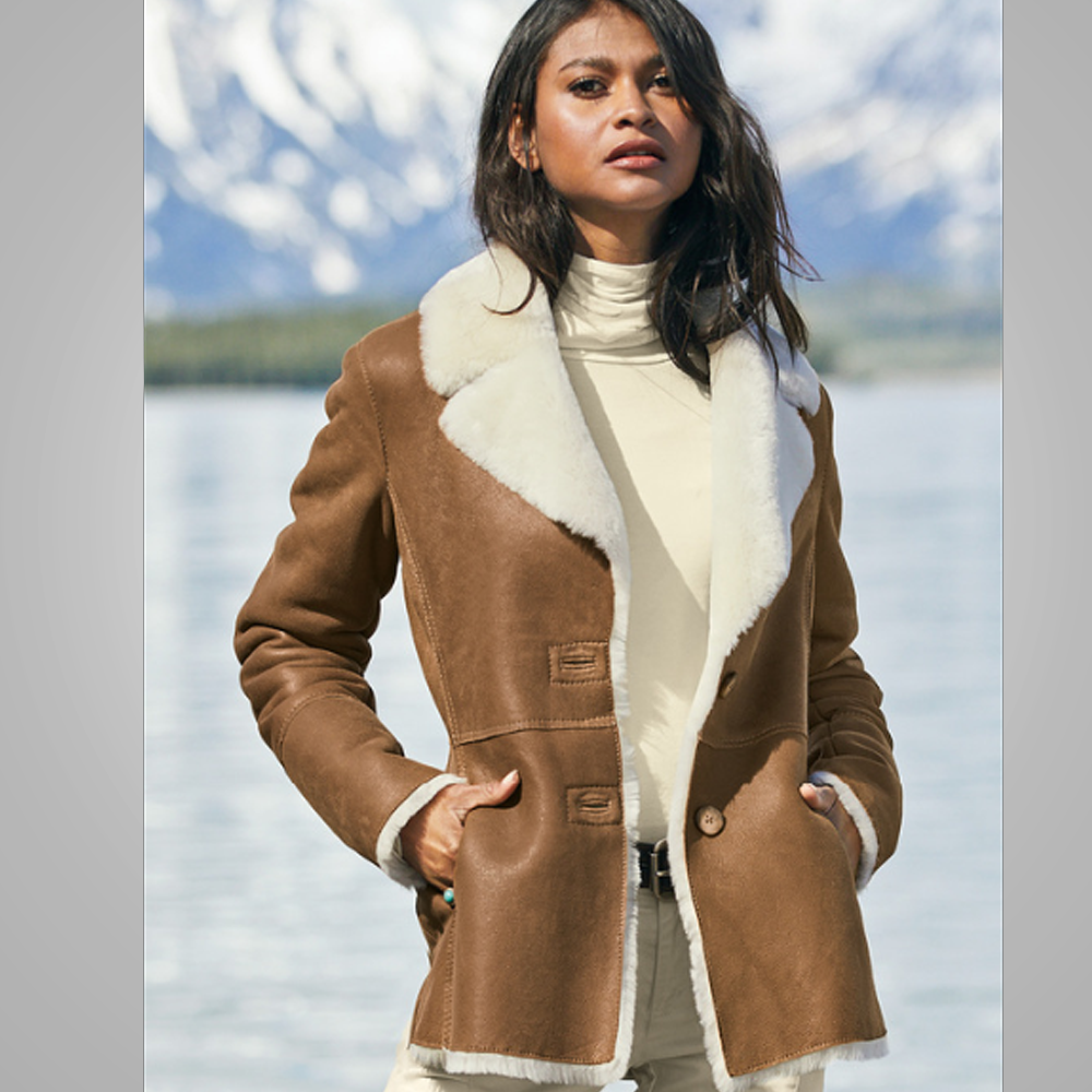 Women’s Camel Brown B3 Shearling Pilot Leather Aviator Jacket