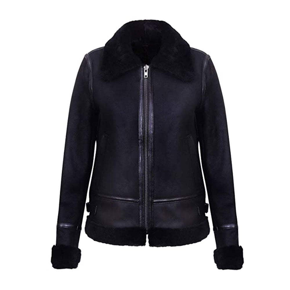 Women’s Black B3 Sheepskin Shearling Aviator Motorbike Leather Jacket