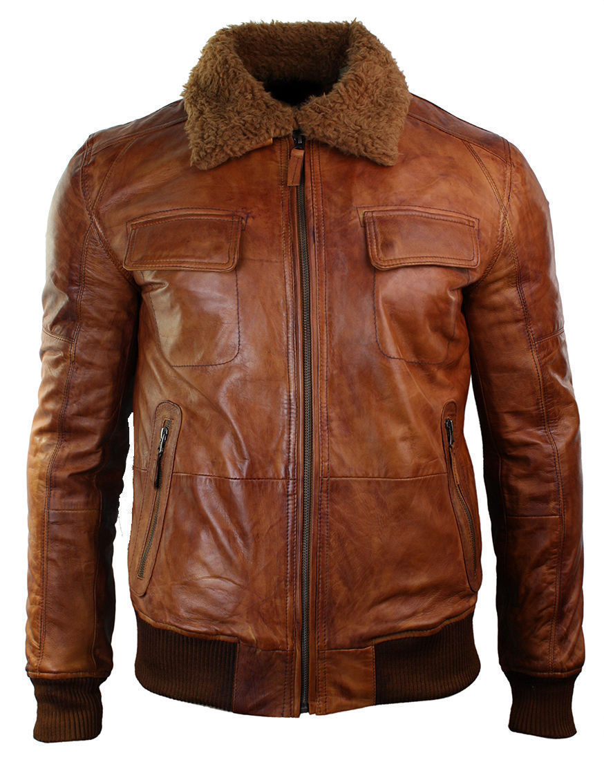 Men’s B3 Bomber Rust Tan Brown Fur Collar Aviator Pilot Leather Jacket