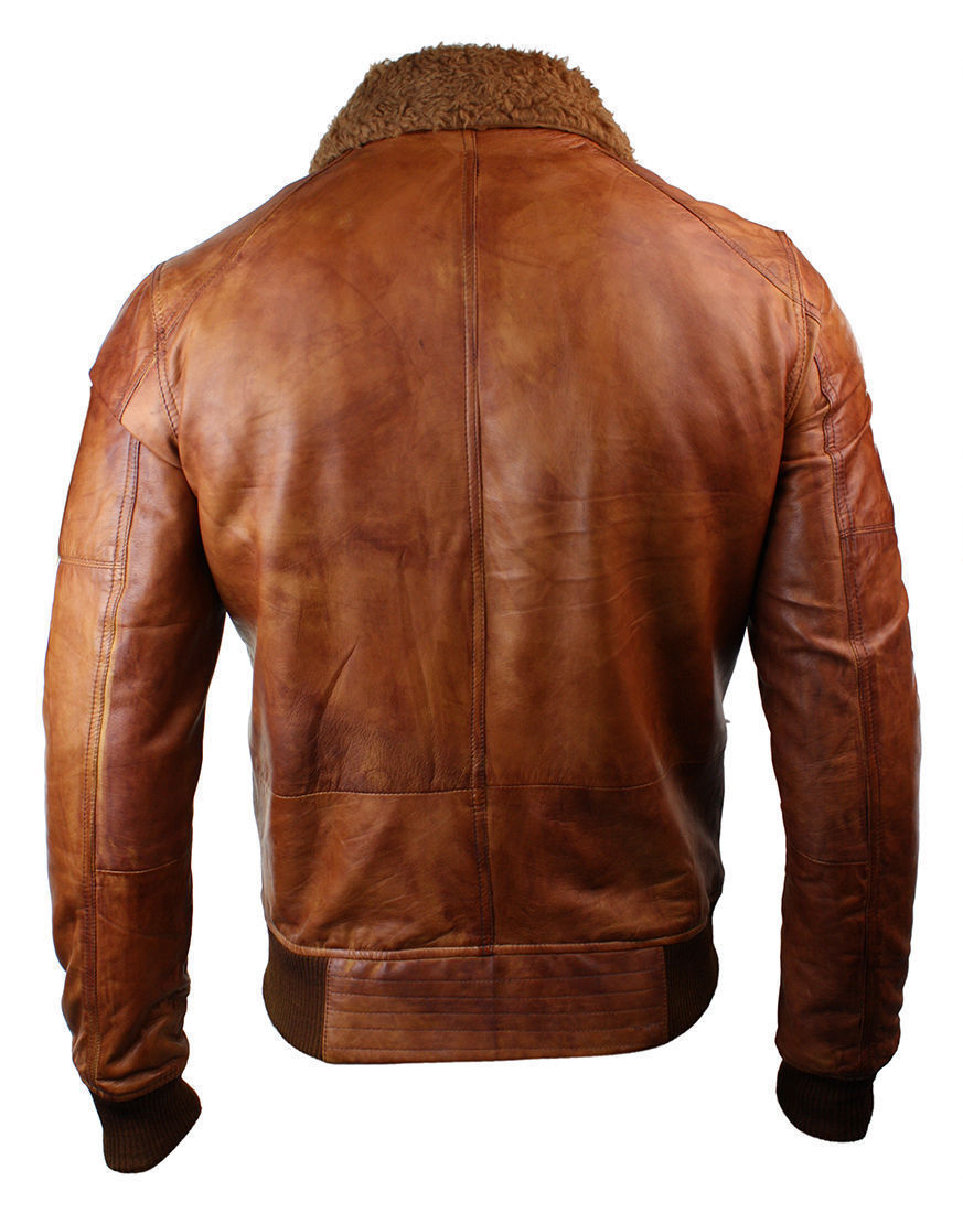 Men’s B3 Bomber Rust Tan Brown Fur Collar Aviator Pilot Leather Jacket