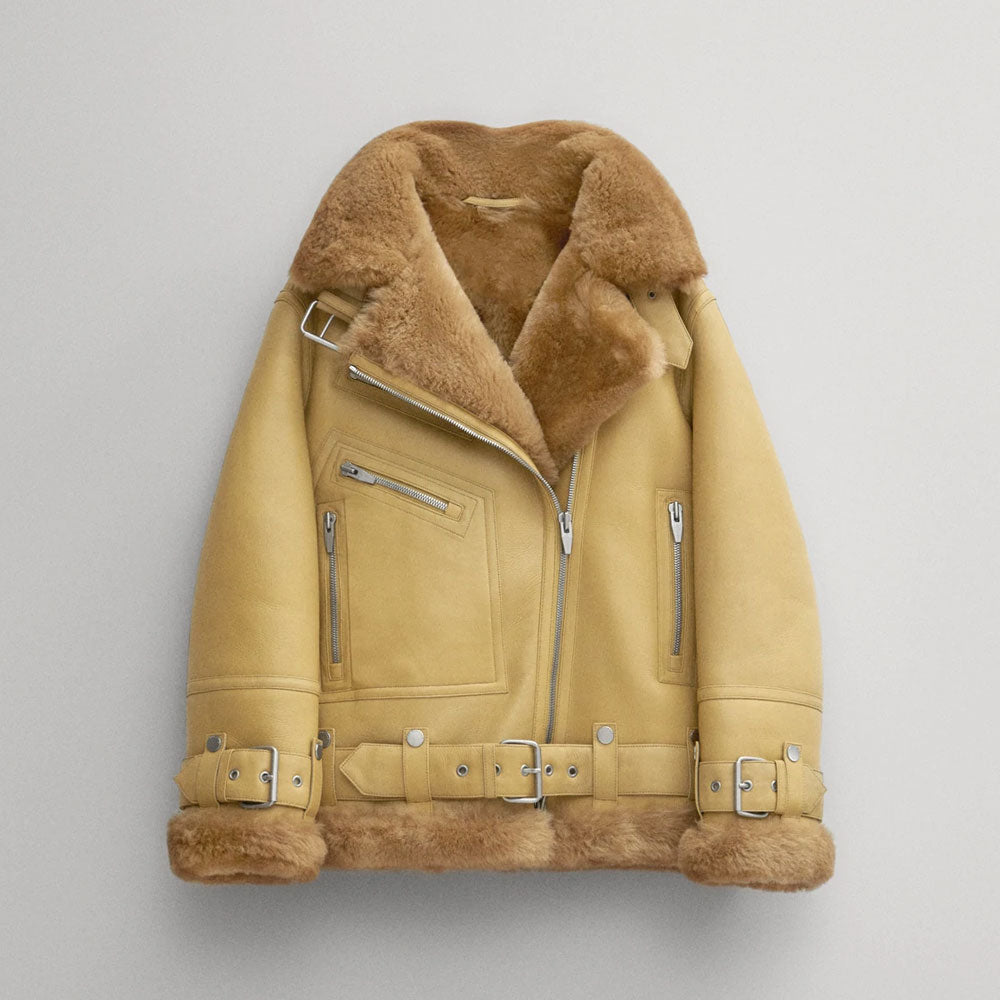 Women Light Brown RAF Aviator  Styled Sheepskin Shearling Leather Jacket