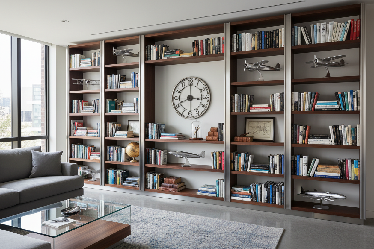contemporary bookshelves with books and aviation decor along with several metal model airplanes