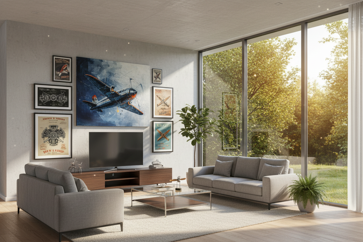 Contemporary living room with aviation art on the wall showing a wooded sunlit outdoors through large windows