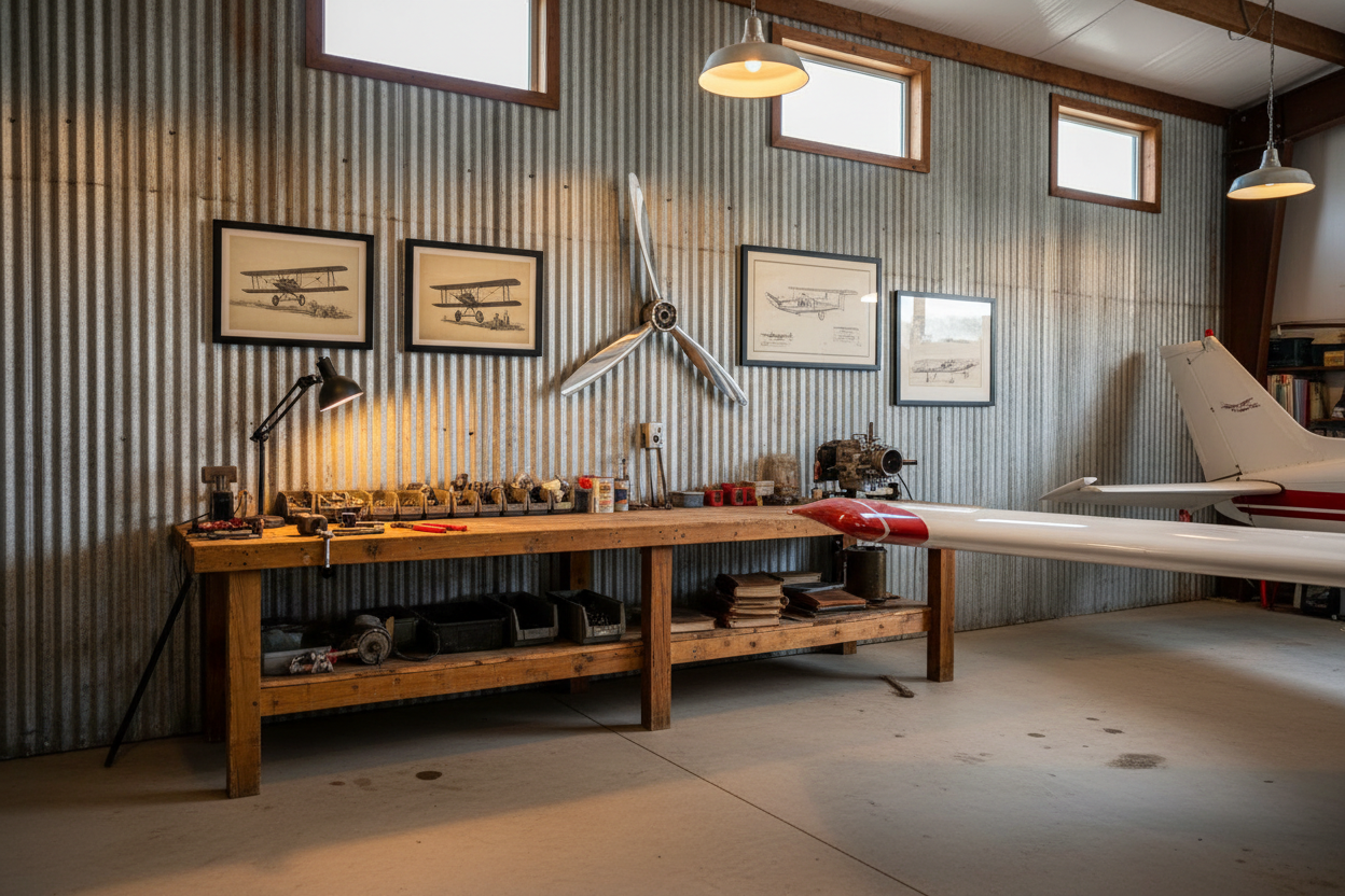 residential-airpark-private-hangar-with-aviation-wall-decor-near-airplane